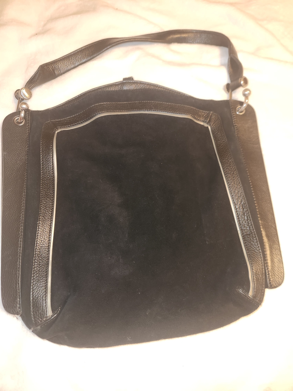 Black Suede Shoulder Bag with Leather Trim - Women's Shoulder Bag